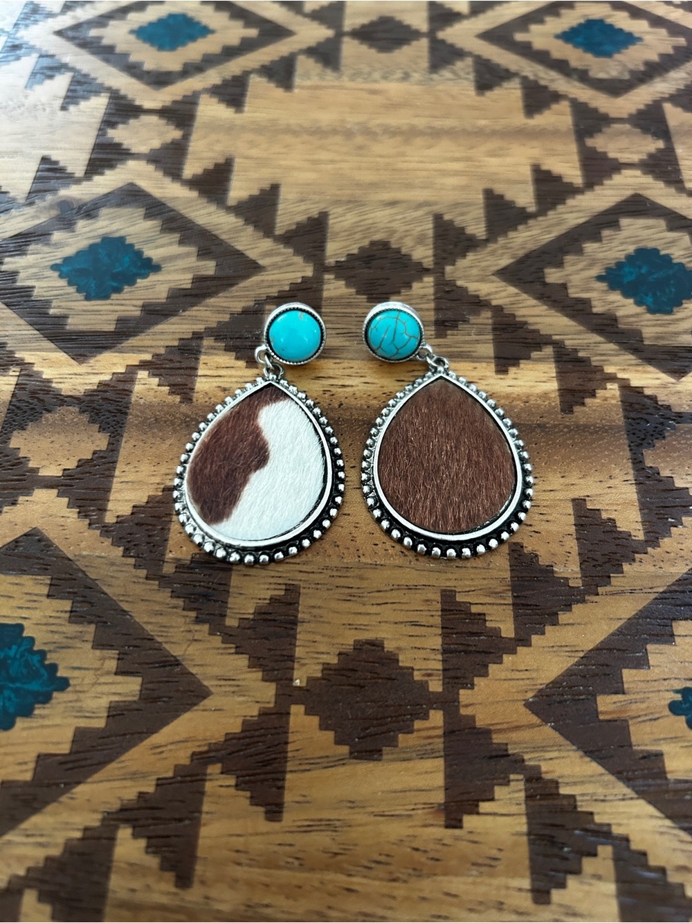 Turquoise & Brown Cowhide Teardrop Earrings - Women Jewelry